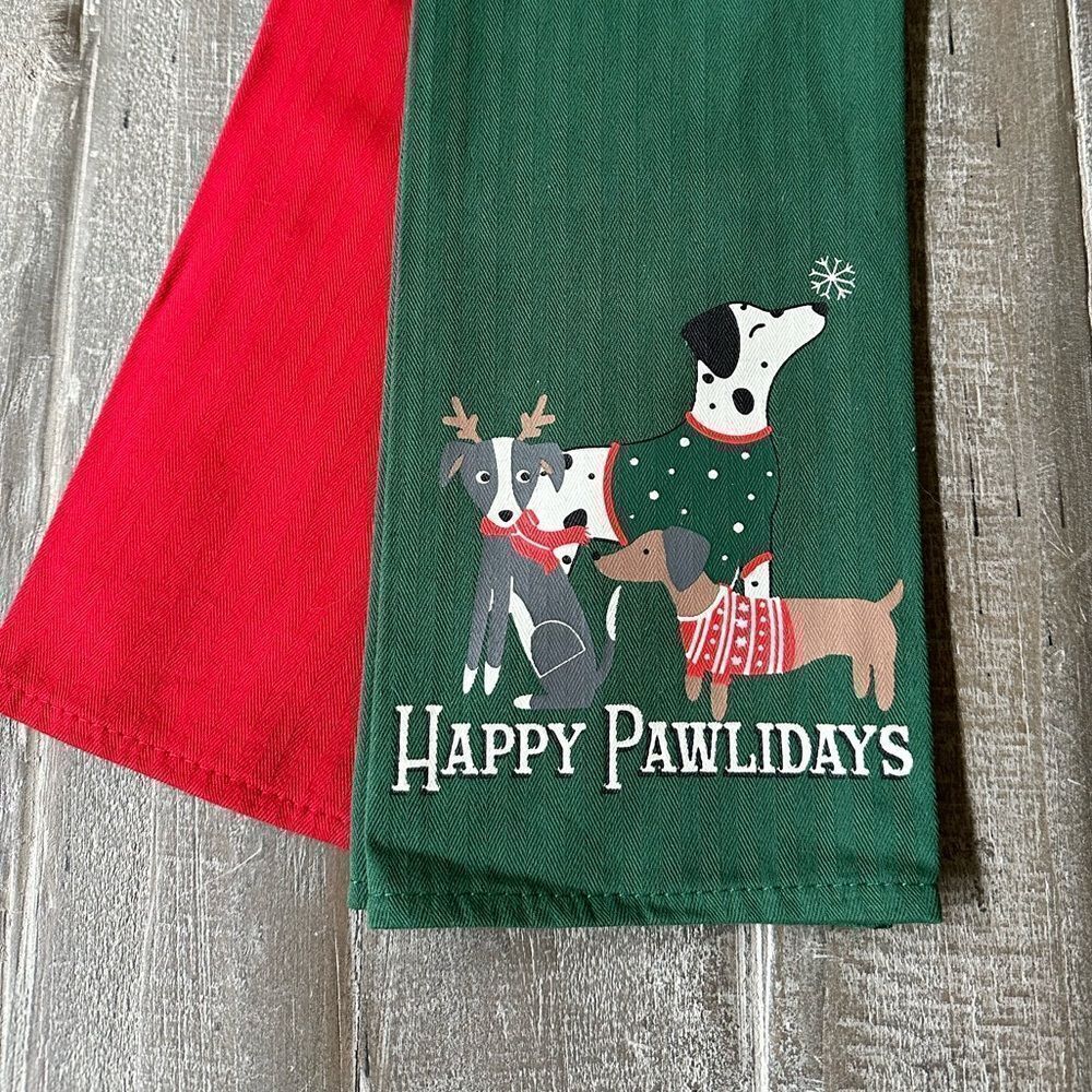 Christmas Dog Happy Pawlidays Holiday Kitchen Dish Tea Towels Set